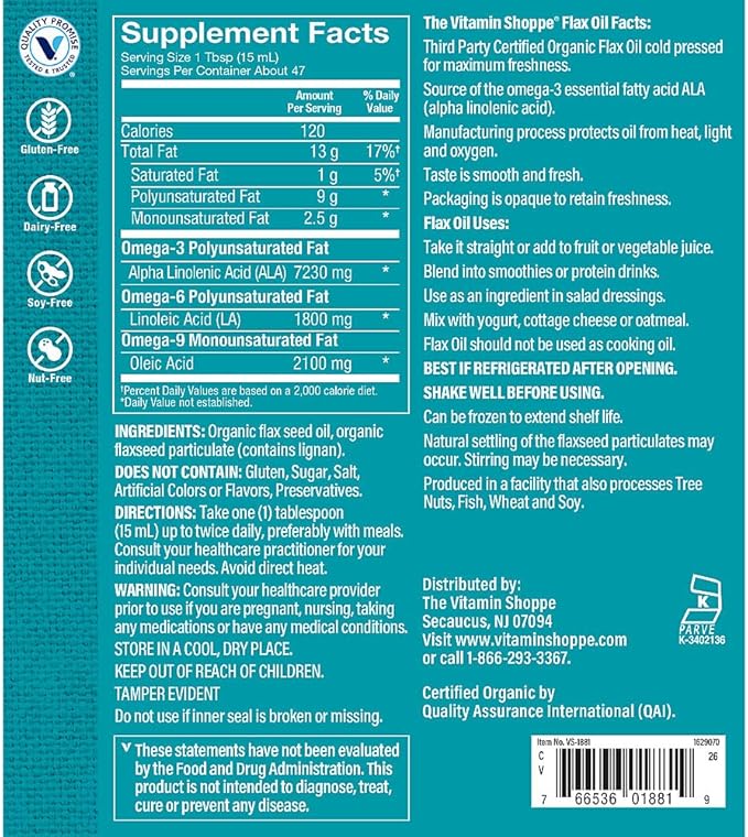 The Vitamin Shoppe Organic High Lignan Flax Oil Essential Fatty Acids That Supports Cardiovascular &amp Immune Health(24 Fluid Ounces Liquid)