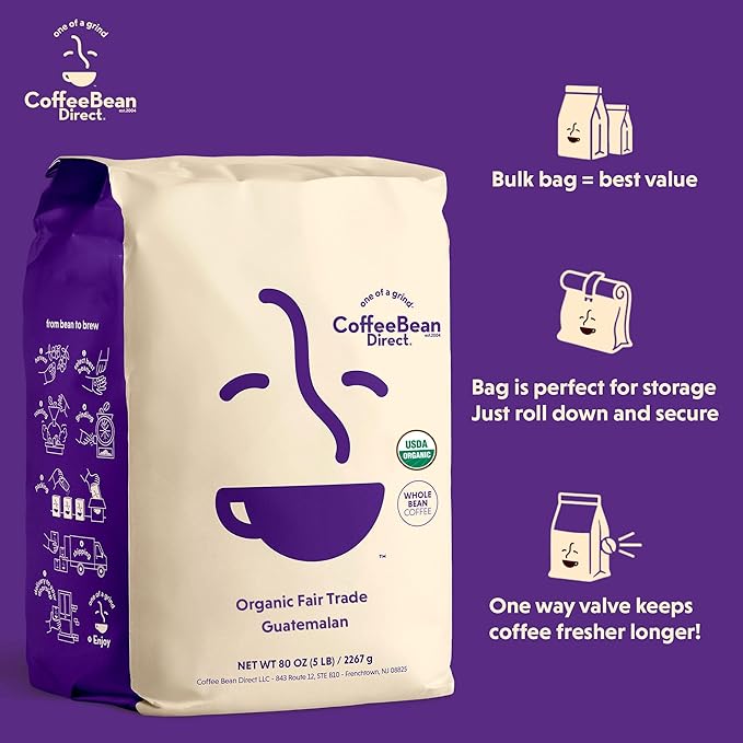 Coffee Bean Direct Organic Fair Trade Guatemalan Whole Bean Coffee Light Roast 5 Pound Bag (Pack of 1)