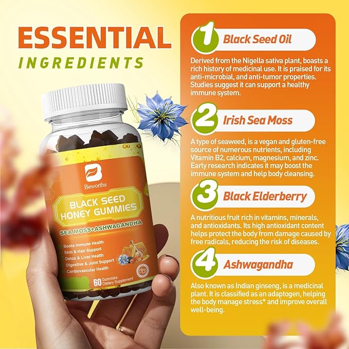 Black Seed Oil Sea Moss Gummies with Ashwagandha Burdock Root Linden Honey Elderberry Turmeric Vitamin C D3 &amp Zinc - Supports Immunity Joints Digestion Hair &amp Skin Vegan Gummies 60 C