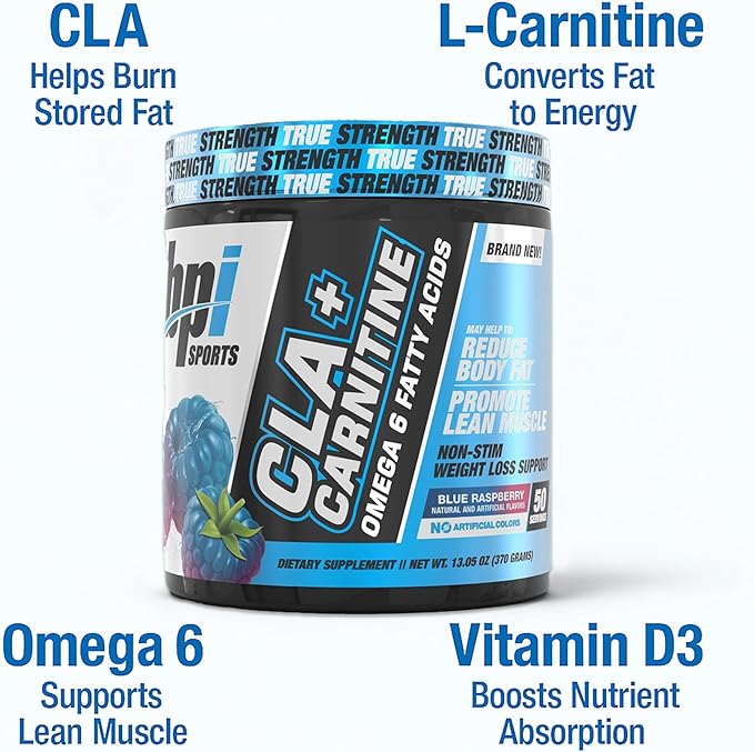 BPI Sports CLA+Carnitine – CLA L Carnitine &amp Linoleic Acid – L Carnitine Supplement for Weight Loss Metabolism &amp Lean Muscle – Caffeine Free – Blue Raspberry – 50 Servings – 12.34 oz