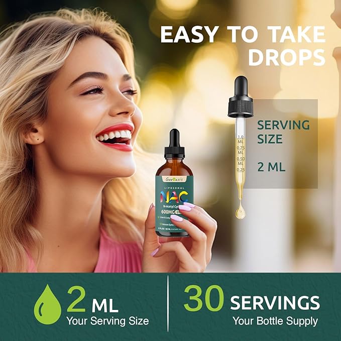 Liposomal Liquid NAC Supplement N-Acetyl Cysteine Drops N Acetyl Cysteine 600 mg with Quercetin &amp Zinc for Adults &amp Kids Liver &amp Lung Support Antioxidant Immune &amp Skin Health 2 Fl