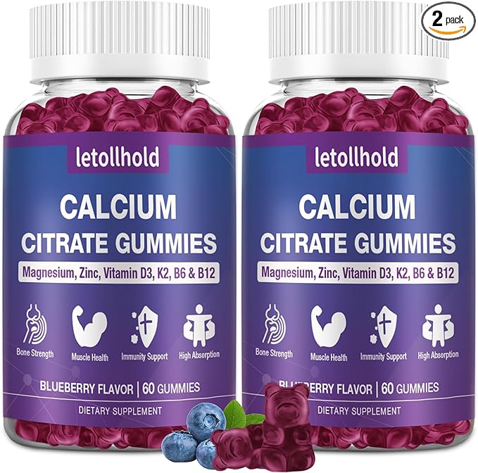 Calcium Citrate Gummies - 1200mg Calcium Gummies with Magnesium Zinc Vitamin D3K2 B6 B12 for Bone Muscle Joints Immune Support High Absorption Calcium Supplements for Women Blueberry Flavor
