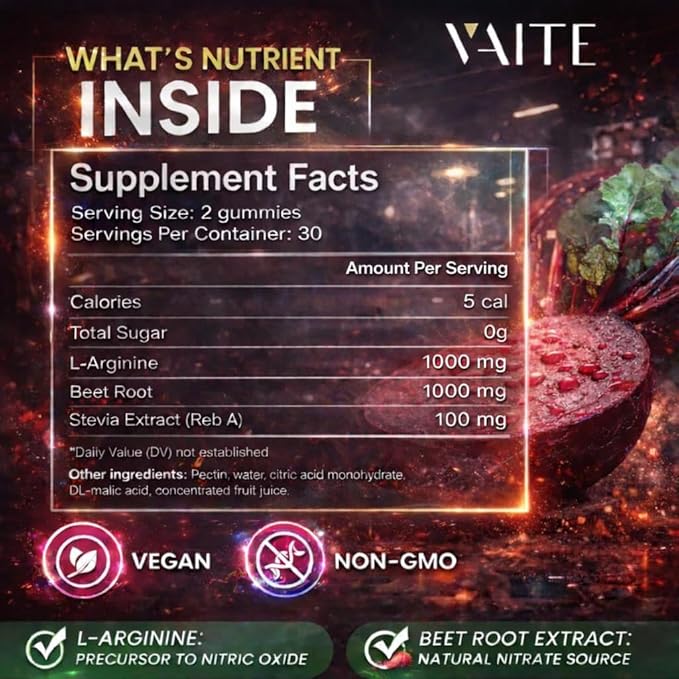 VAITE L Arginine Supplement Beet Root Gummies - Double Strength Energy Boost Circulation Support and Stamina Organic Chewable Beets Supplements for Men and Women Vegan Gummy Non-GMO Sugar-Free