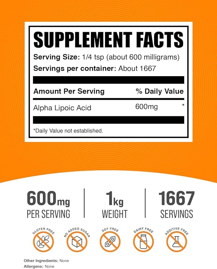 BulkSupplements.com Alpha Lipoic Acid Powder - ALA Supplement Antioxidant Supplement - Gluten Free 600mg per Serving 1kg (2.2 lbs) (Pack of 1)