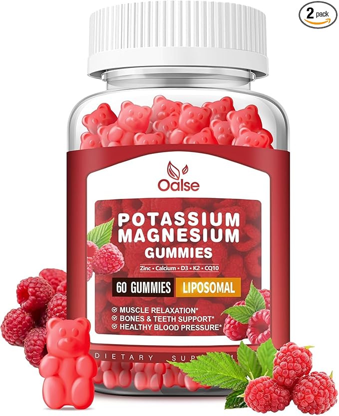 (2 Pack) Potassium Magnesium Gummies for Adults Kids High Absorption Potassium Citrate 200mg Magnesium Glycinate 400mg Chewable Gummy Supplements for Leg Cramps &amp Muscle Raspberry