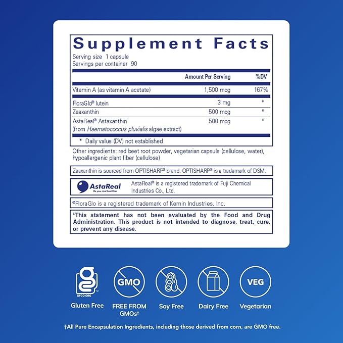 Pure Encapsulations Vitamin A + Carotenoids (Lutein Zeaxanthin and Astaxanthin) | Hypoallergenic Dietary Supplement | 90 Capsules