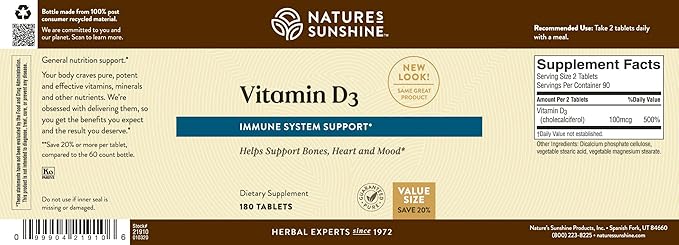Nature's Sunshine Vitamin D3 180 Tablets | Supports Bone Health Contributes to Overall Health and May Improve Mood