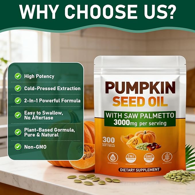 Pumpkin Seed Oil with Saw Palmetto Cold-Pressed 300 Softgels Hair Growth Radiant Skin Urinary &amp Prostate | Rich in Fatty Acids &amp Phytosterols | Pure &amp Natural Non-GMO