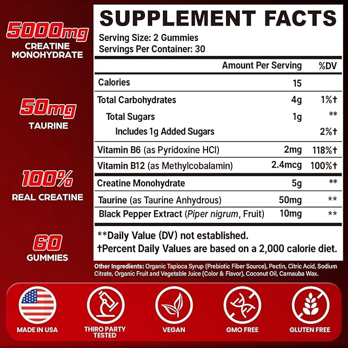 Creatine Monohydrate Gummies for Women &amp Men Taurine &amp B6 Chewable Creatina Pre Workout Gummies for Max Strength &amp Muscle Growth Energy Endurance Creatine for Men &amp Women - 1 Bott