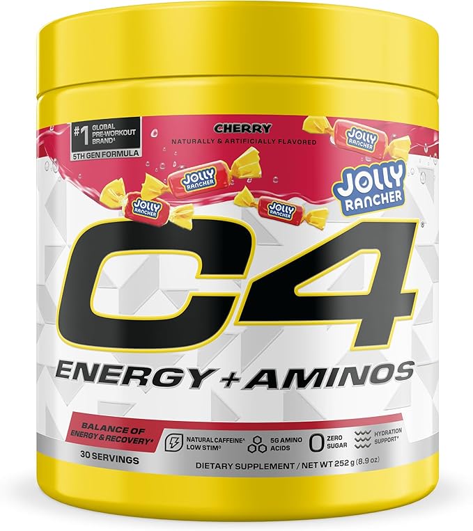 C4 Energy + Aminos Powder Jolly Rancher Cherry 5g BCAAs &amp EAAs for Muscle Recovery 3 Electrolytes for Hydration 100mg Natural Caffeine Pre Workout Zero Sugar 30 Servings