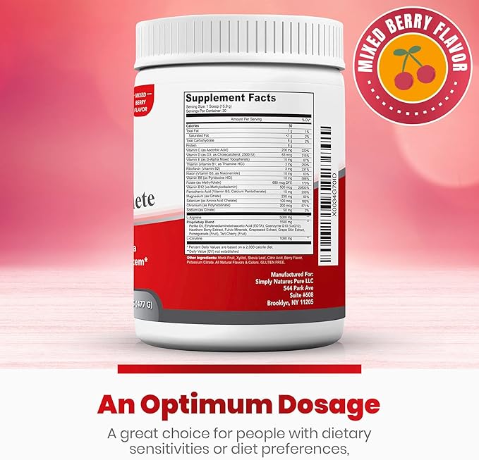 Simply Natures Pure Cardio Complete with 5000 L-Arginine 1000mg L-Citrulline and Hawthorn Berry - Heart Health &amp Cardiovascular Support Powder Supplement and 3-in-1 Nitric Oxide Booster