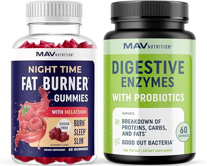 MAV NUTRITION Night Time Fat Burner Gummies and Digestive Enzymes Capsules | Night Time Fat Burning Gummies with Zero Sugar Plus Digestive Enzymes 400MG with Probiotics for Digestive Health