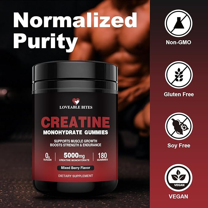 Loveable Bites Creatine Monohydrate Gummies – 5000mg Creatine Gummies for Men &amp Women | Supports Muscle Strength Endurance Energy &amp Recovery | Sugar-Free Vegan Mixed Berry Flavor 180 Coun