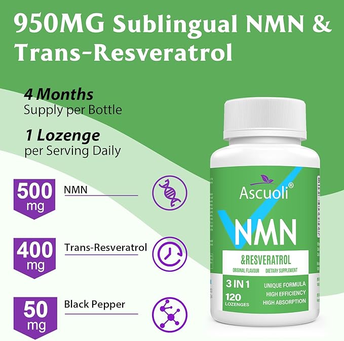Sublingual NMN 500mg + Trans-Resveratrol 400mg 3-in-1 Advanced Formula 99% Pure NMN Resveratrol Supplement for Boost* NAD Cell Immune Energy &amp Muscle Anti-Aging 240 Lozenges 240-Day Supply