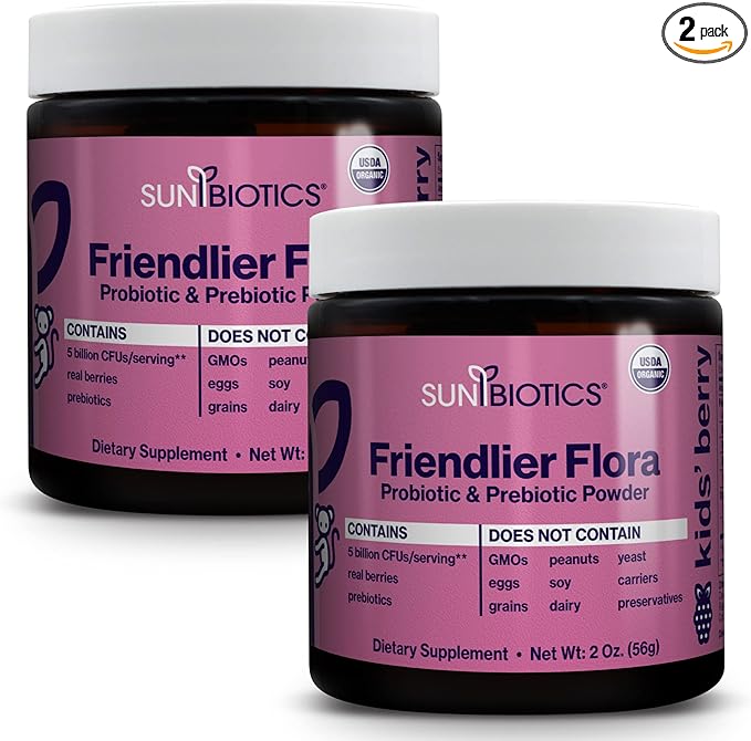 SUNBIOTICS Friendlier Flora - Kids Prebiotic and Probiotic Powder Supplement with 5 Billion CFUs of 5 Probiotic Strains for Good Gut Flora Immune System &amp Balanced Microbiome - Berry (Pack of 2