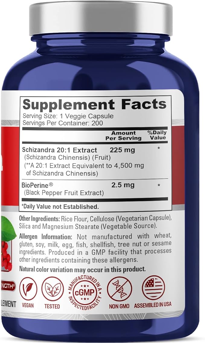 NusaPure Schizandra Berries 20:1 Extract 225 mg Equivalent to 4500mg 200 Vegan Capsules (Non-GMO Bioperine)