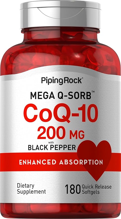 Piping Rock CoQ10 200mg | 180 Softgel Capsules | Supplement for Women and Men | Enhanced Absorption with Black Pepper Extract | Non-GMO Gluten Free