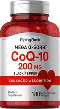 Piping Rock CoQ10 200mg | 180 Softgel Capsules | Supplement for Women and Men | Enhanced Absorption with Black Pepper Extract | Non-GMO Gluten Free