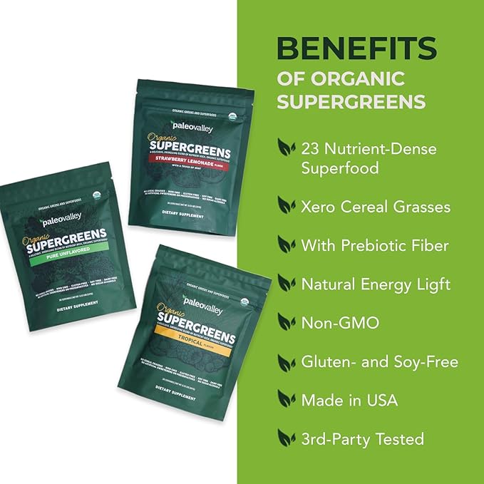 Paleovalley Organic Supergreens Powder - 23 Superfoods with Prebiotic Fiber for Energy and Immunity Support - No Cereal Grasses for Maximum Absorption - Pure Unflavored 30 Servings