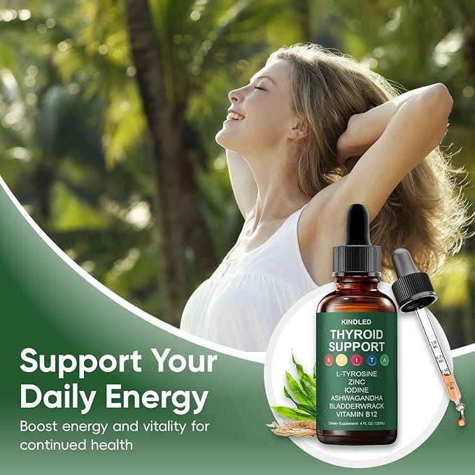 Kindled Thyroid Support Drops - Actora Liquid Drops Formula with Selenium Iodine Ashwagandha &amp Zinc for Energy &amp Metabolism Support Berry Flavor 4 fl oz
