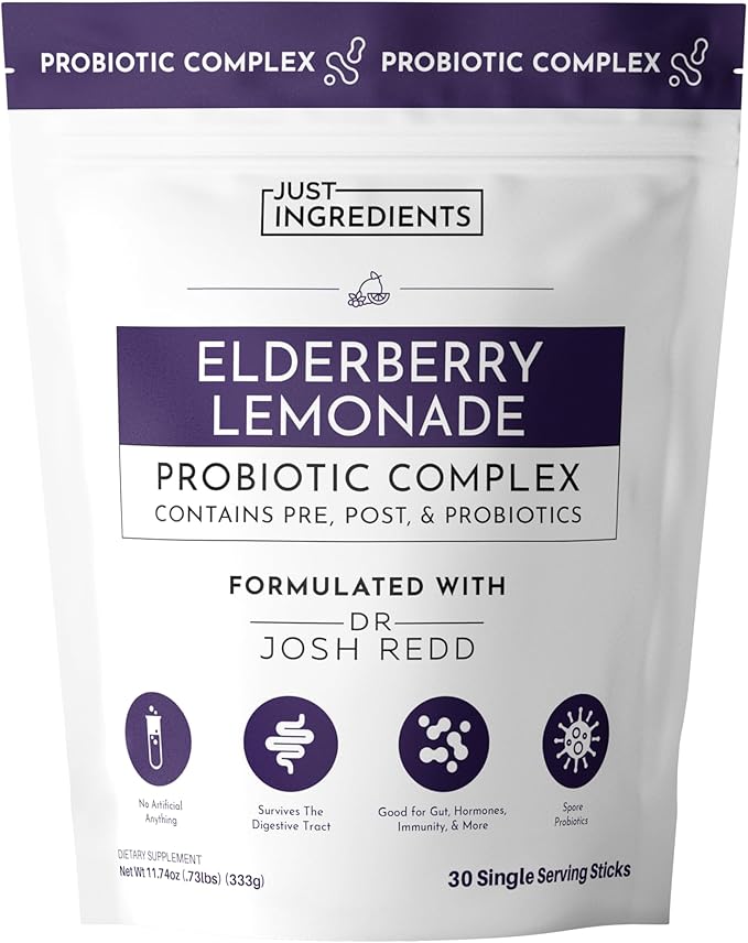 JUST INGREDIENTS Elderberry Lemonade 3-in-1 Probiotic Complex - Prebiotics Probiotics &amp Postbiotics - 30 Sticks