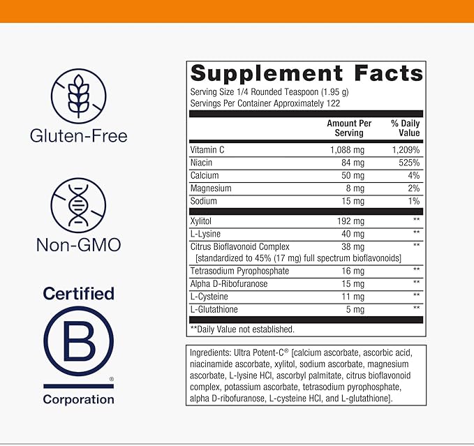 Metagenics Ultra Potent‑C Vitamin C Powder - Immune Support Supplements* - Gentle on Stomach - with Bioflavonoids L‑Glutathione &amp L‑Lysine - Non‑GMO Gluten‑Free - 8.39 oz