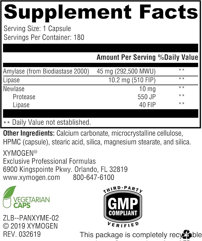 XYMOGEN PanXyme pH - Supports Healthy Digestion of Proteins Carbohydrates Fats &amp Vegetable Fiber - Vegetarian Non-GMO &amp Gluten Free - 180 Capsules