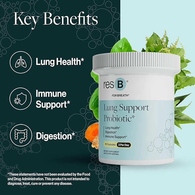 resB Lung Support Probiotic Supplement - Lung Health Supplement for Smokers Gut Health Immune Support Respiratory Care Holy Basil Turmeric Clinically Trialed - 180 Capsules (3 Bottles)