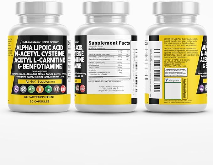 Alpha Lipoic Acid 600mg N-Acetyl Cysteine 600mg Acetyl L-Carnitine 500mg Benfotiamine 300mg - Nerve Support Supplement for Women and Men with Vitamin B1 B6 &amp B12 - Made in USA 90 Caps (Pack of 2)
