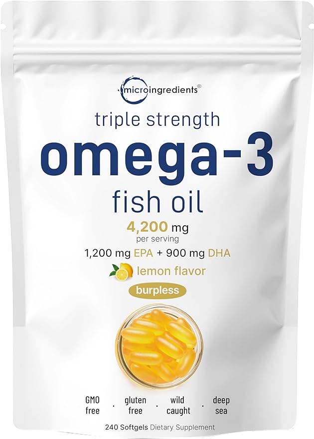 Micro Ingredients Omega-3 Fish Oil 4200 mg 240 Softgels &amp Multi Collagen Peptides Gummies Bundle Pack | Wild-Caught Fish Lemon Flavored Burpless | Type IIIIIIVX Protein