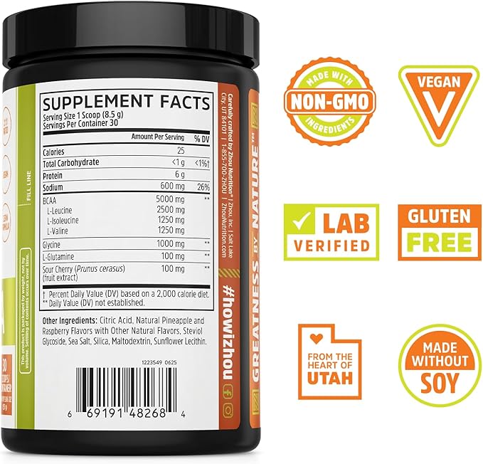 ZHOU Muscle BCAA - Vegan BCAA Powder BCAA Supplements for Men &amp Women Support Muscle Health Drink for Energy All Natural Branched Chain Aminos - Tropical Punch 11.6 oz (30 Servings)