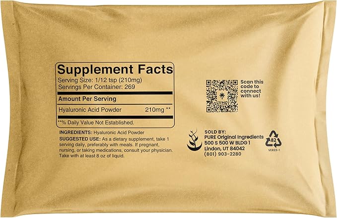 Pure Original Ingredients Hyaluronic Acid (2oz) Water Soluble Fine Powder