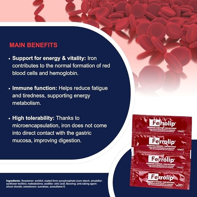 Ferrolip Iron Supplement for Women Men and Kids (20 Lemon Flavored Soluble Sachets) - Gastrointestinal Comfort and No Metallic Taste - Vegan and Gluten Free