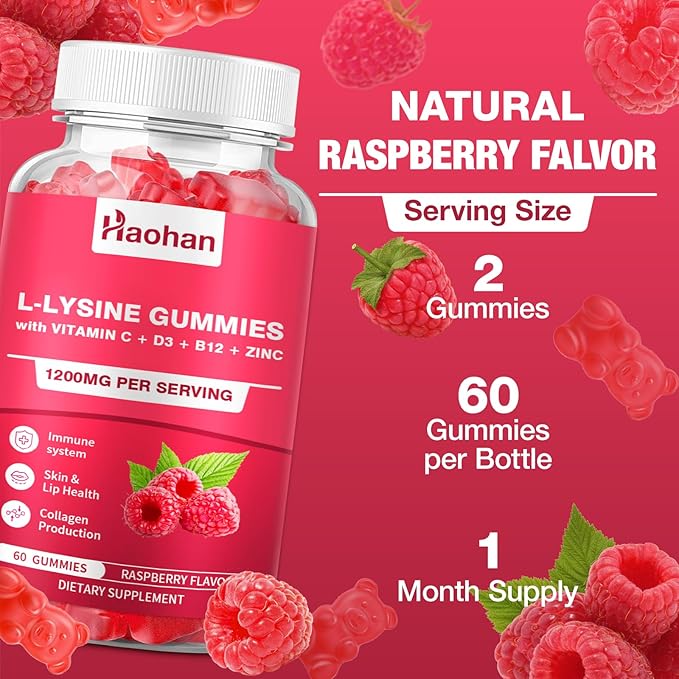 Haohan L-Lysine 1200mg Gummies for Immune Support &amp Skin Health - High Potency Vegan Gummies Sugar-Free Raspberry Flavor for Adults &amp Kids - 120 Count