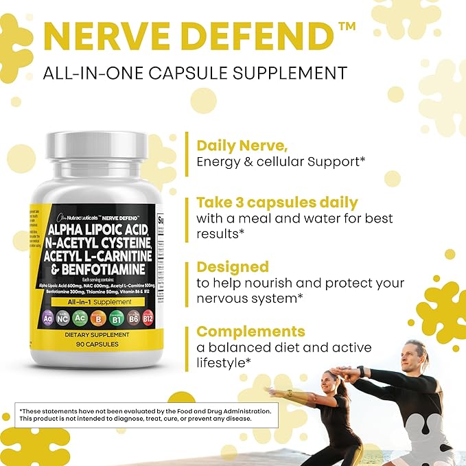 Alpha Lipoic Acid 600mg N-Acetyl Cysteine 600mg Acetyl L-Carnitine 500mg Benfotiamine 300mg - Nerve Support Supplement for Women and Men with Vitamin B1 B6 &amp B12 - Made in USA 90 Caps (Pack of 2)