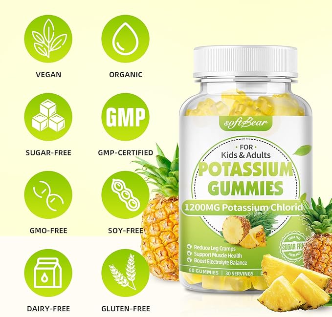 softbear Potassium Chloride Gummies 1200mg Sugar-Free Potassium Gummies for Adults Support Leg Cramps High Potency Potassium Chloride Supplement Pineapple Flavor 120 Count