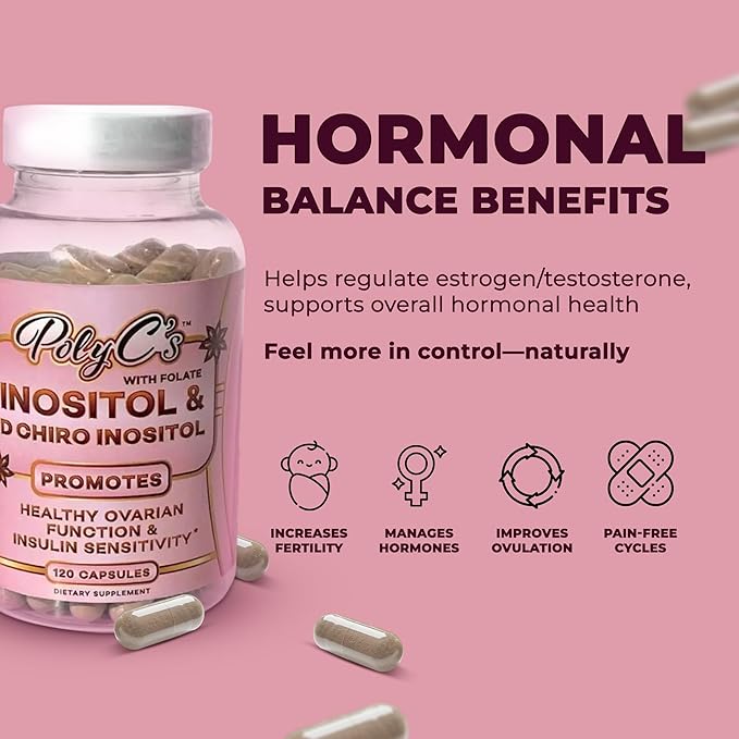 POLYC'S Inositol Supplement for Women - Myo-Inositol &amp D-Chiro Inositol Capsules 40:1 Ratio Hormone Balance Aid and Women's Menstrual Health Ovarian &amp Ovulation Support Vegan 120 Capsules
