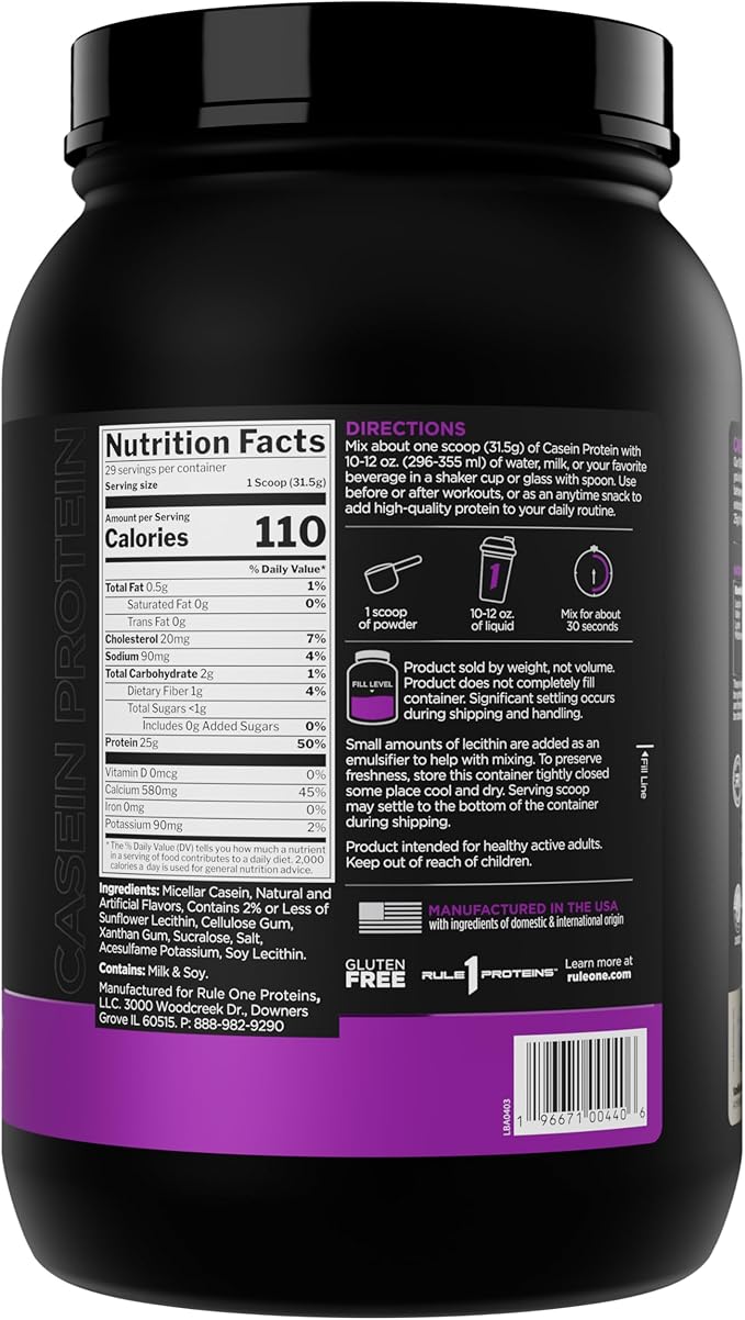 Rule 1 Proteins Casein Protein - 25g Protein and 11g EAAs Per Serving from Slow-Release Micellar Casein for Overnight Recovery and Sustained Delivery Between Meals (2 Pounds Vanilla Crème)