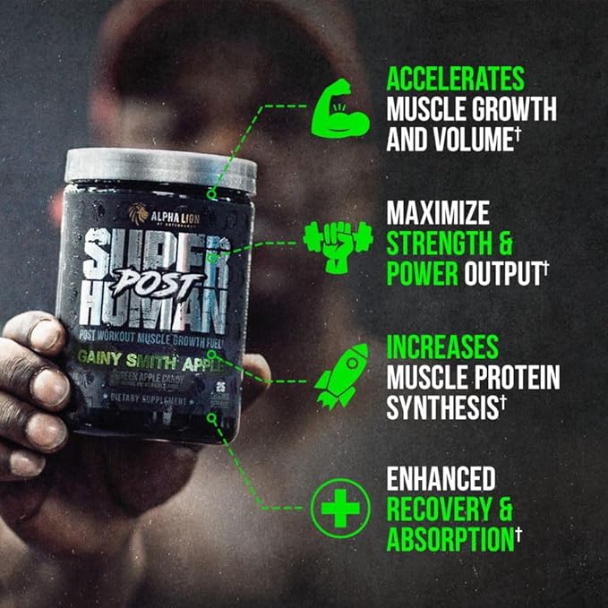 Alpha Lion Superhuman Post Workout Recovery Muscle Builder Drink Creatine Powder + More for Lean Muscle Growth Strength &amp Volume Supplement for Women &amp Men (25 Servings Gainy Smith Apple)