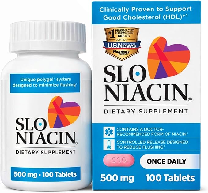 Slo-Niacin Slow Release Niacin 500mg – Vitamin B3 Supplement for Heart Wellness – Flush-Free B3 Vitamins for Cholesterol &amp Cardiovascular Support – 100 Tablets