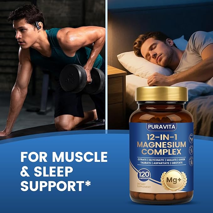 Puravita Magnesium Complex - Puravita 12 in 1 Magnesium Supplement with Glycinate Citrate Malate Oxide Taurat &amp More for Muscle Nerve &amp Sleep Support 120 Count