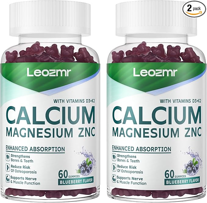 Calcium Magnesium Zinc Gummies with Vitamin D3 &amp K2 - High Potency Enhanced Absorption -120 Blueberry Gummies Flavored