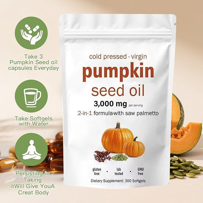 Pumpkin Seed Oil Capsules with Saw Palmetto – 300 Softgels | Cold Pressed Pure Virgin Oil | Supports Hair Urinary Bladder &amp Prostate Health | Non-GMO