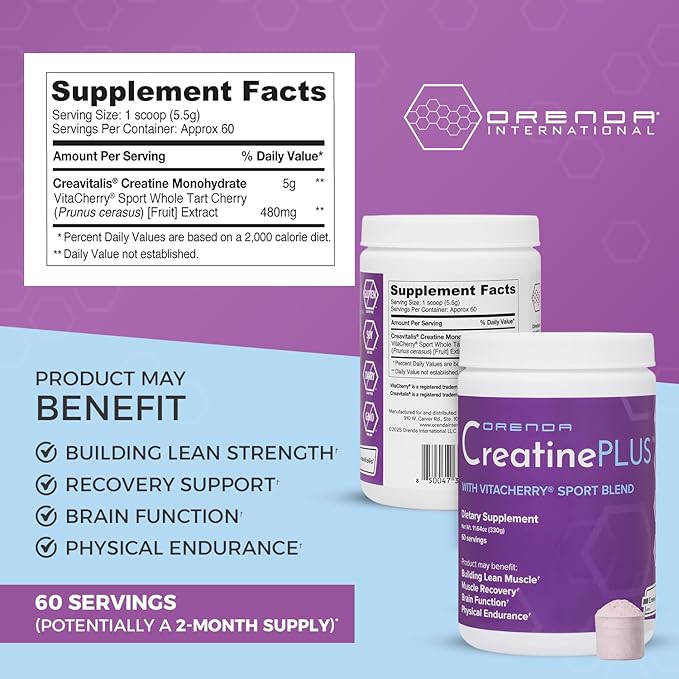 Orenda CreatinePLUS Powder - 60 Servings (2-Month Supply) - 5g Creavitalis® Creatine + VitaCherry® Sport - Recovery Strength &amp Brain Care - 11.64oz