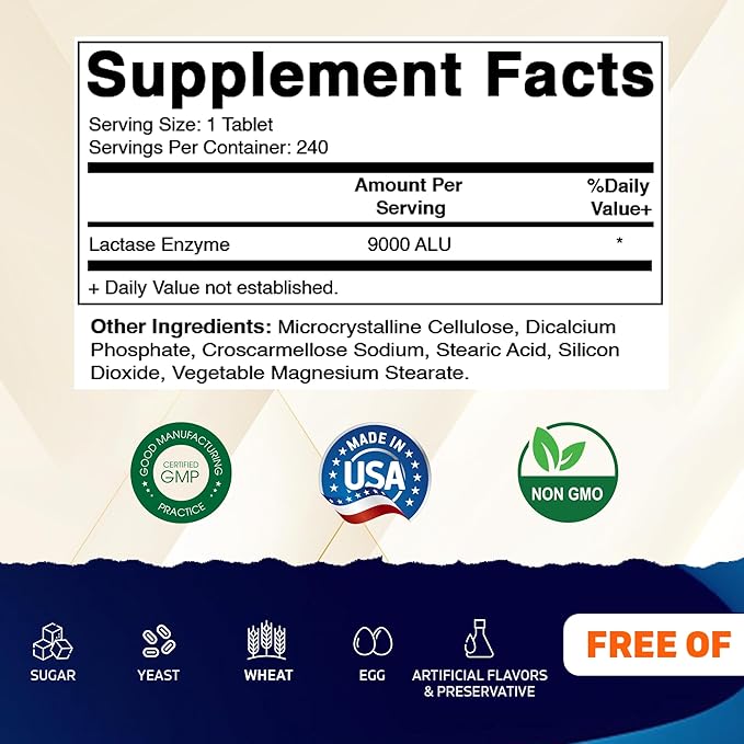 Vitamatic Lactase Enzyme 9000 FCC 240 Tablets - Lactose Intolerance Relief Caplets- 2 Pack