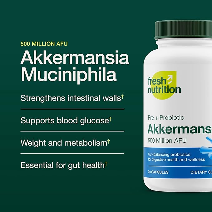 Fresh Nutrition Akkermansia Muciniphila Probiotic 500M AFU for GLP-1 Production - Pre + Probiotic Supplement - 30 Capsules