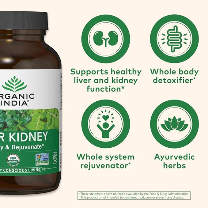 ORGANIC INDIA Liver Kidney Herbal Supplement - Detoxify &amp Rejuvenate Supports Healthy Liver &amp Kidney Function Vegan Gluten-Free Kosher USDA Certified Organic Non-GMO - 180 Capsules