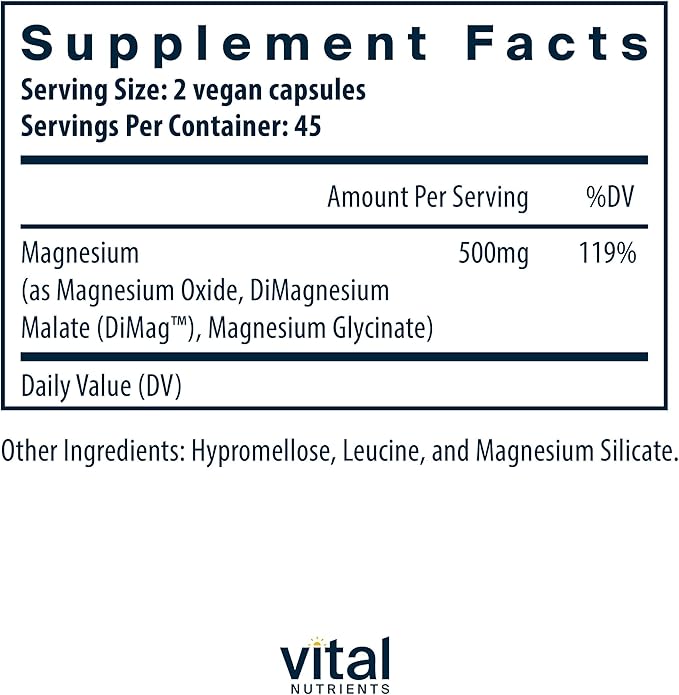 Vital Nutrients Triple Magnesium Complex Supplement | Vegan Magnesium Glycinate Malate &amp Oxide 250mg | Easily Absorbed Magnesium Supplement for Stress Muscle Heart Bone Support | 90 Capsules