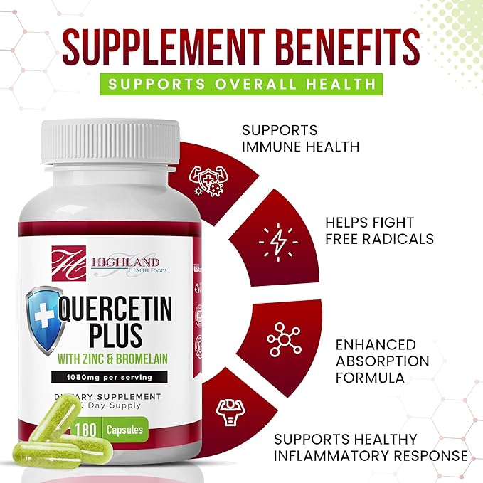 Quercetin Plus Bromelain and Zinc 180 Capsules - Immune Support Supplement for Adults Teens Seniors - Quercetin with Bromelain for Immune Support