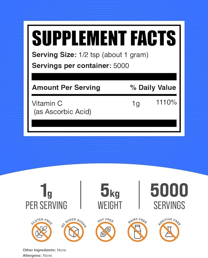 BulkSupplements.com Ascorbic Acid Powder - Vitamin C Supplement for Immune Support - Ascorbic Acid Food Grade Gluten Free 1g per Serving 1kg (Pack of 5) (11 lbs)